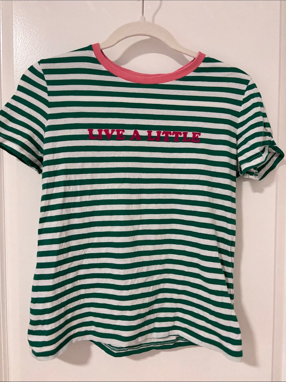 Olivia Bona
Green & White Striped Short Sleeve Tee with Pink Trim